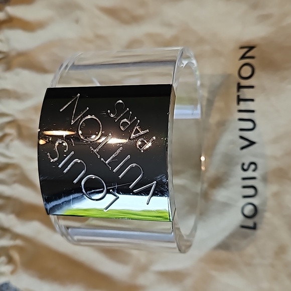 Louis Vuitton Clear Resin Silver Logo Cuff Bangle Bracelet w/Dustbag - AUTHENTIC - Picture 2 of 8